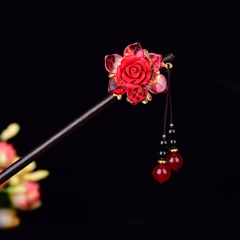 Kanzashi Japonais Bois Lotus Rouge