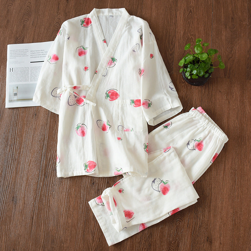 Pyjama Homme Kimono Japonais En Gaze De Coton - Set 2 Pièces Vintage Harajuku - Manches 3/4