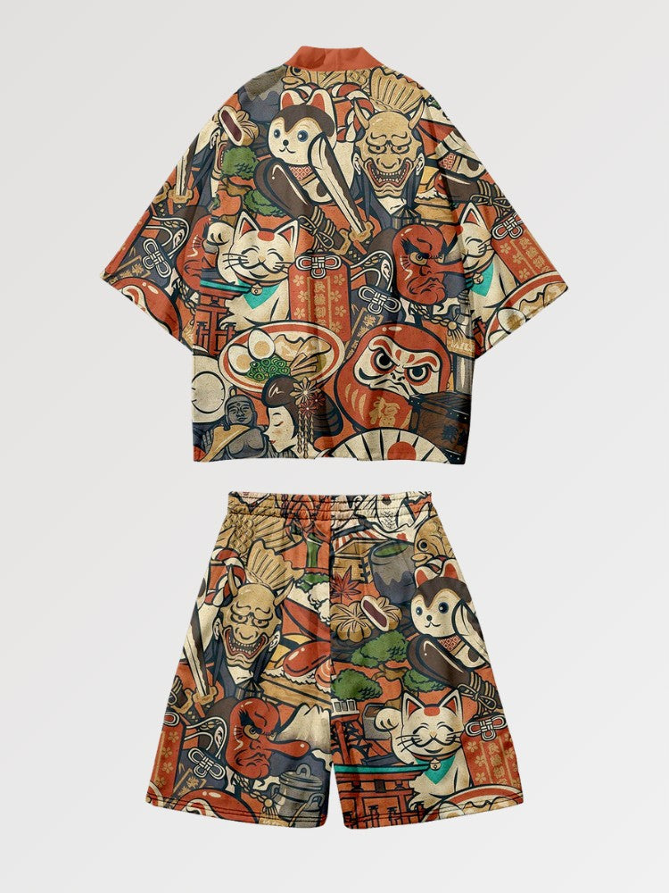 Ensemble Kimono Short 'Daruma x Neko'