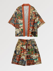 Ensemble Kimono Short 'Daruma x Neko'