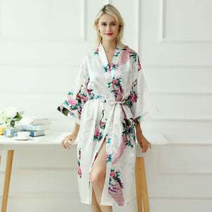 Pyjama Long Style Kimono Motif Floral Blanc