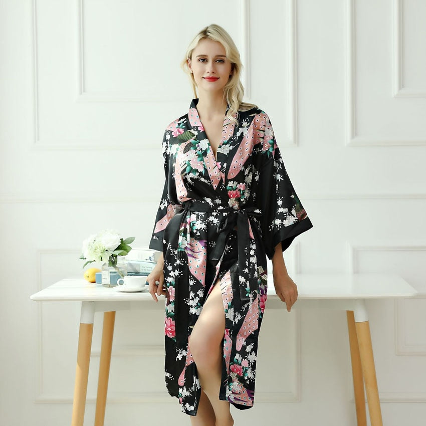Pyjama Long Style Kimono Motif Floral Noir
