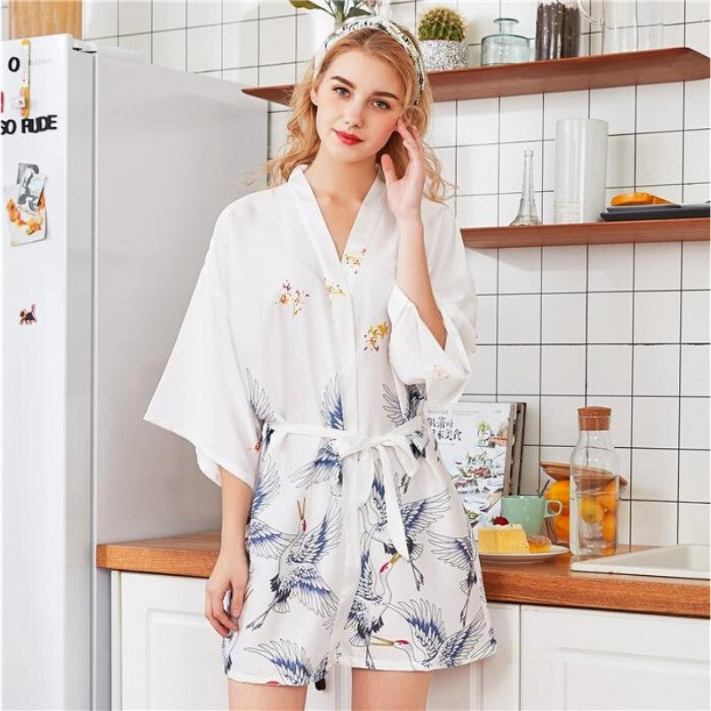 Pyjama Style Kimono Blanc Grue du Japon