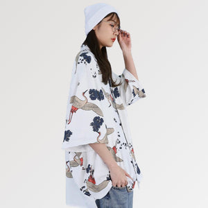 Veste Kimono Blanche Motifs Grues 'Oya Gacha'