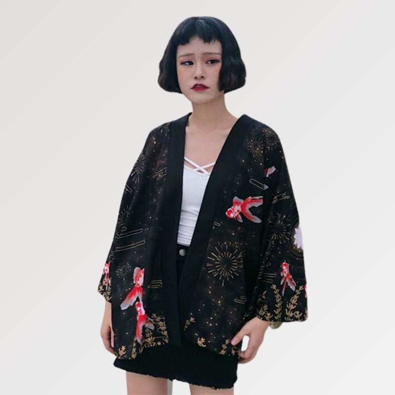 Veste Kimono Motif Carpe Koï Rouge 'Etorofu'